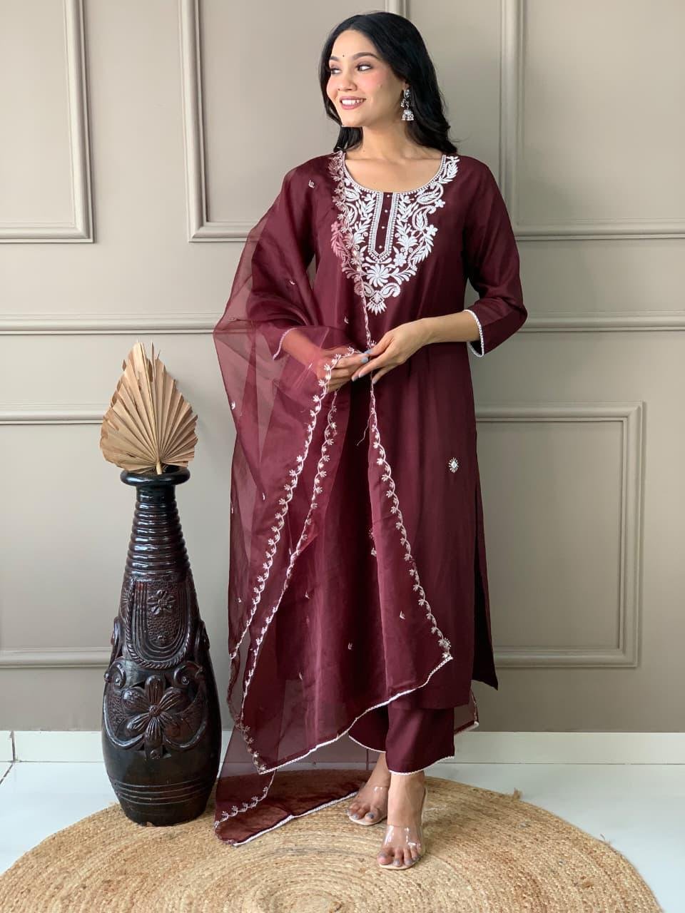 Wine Rayon Mirror Work Kurti Set